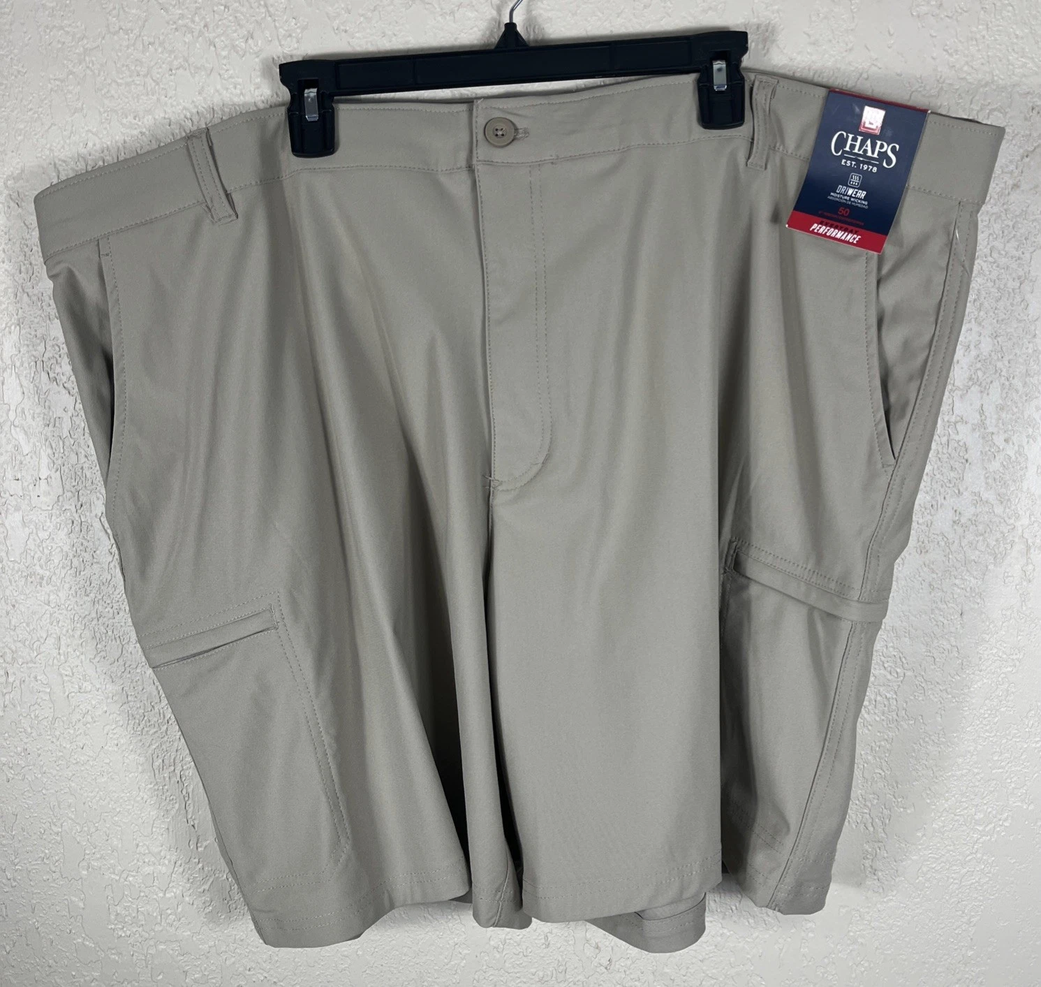 Chaps Men’s Performance Cargo Shorts In Khaki Or Beige Color Size 50/ 8” Inseam
