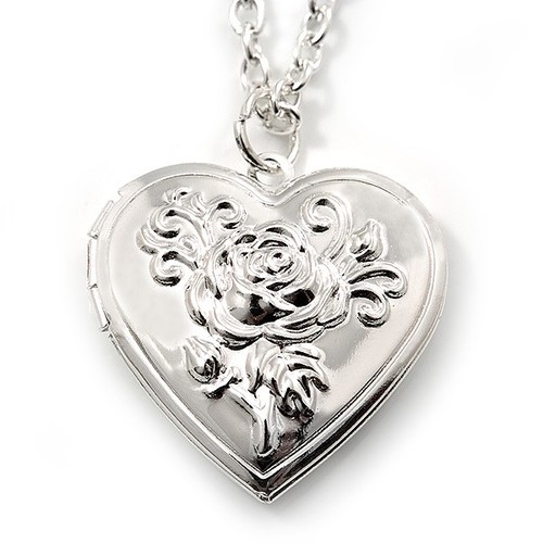 Colgante Medallón Corazón Mediano Tono Plata con Motivo Rosa - 44cm L/ 6cm Ext - Imagen 1 de 5