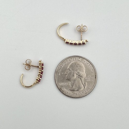 14K Yellow Gold Round Ruby Row Half Hoop Claw Hook Huggie Illusion Earrings - Picture 6 of 11
