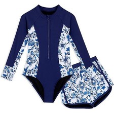 Girls Rash Guard Swimsuit Set Navy Blue Floral Long Sleeve UPF 50 Size 8Y