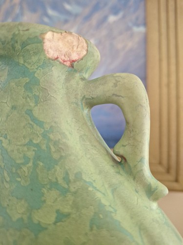 Weller 1920s Vintage Art Pottery Mottled Green Glaze Ceramic Vase Damaged - Picture 5 of 14