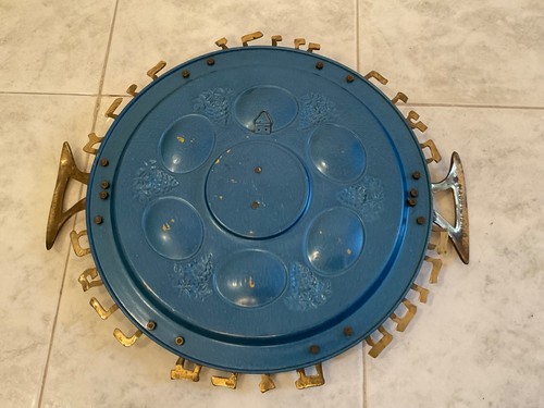 Vintage Passover Seder Plate Brass w Blue Enameled Wall Hanging made In Israel - Picture 4 of 5