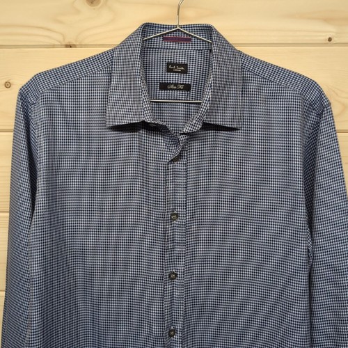 Paul Smith London Mens 15.5 39 XL Blue Shirt Slim Fit Houndstooth Made In Italy - Picture 2 of 14