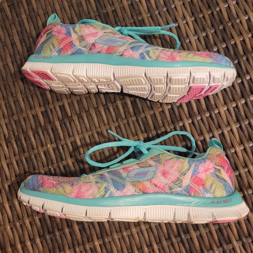 SKECHERS 12061 Womens Aqua Floral Bloom Lightweight Sneakers Sz 7.5 Flex Sole - Picture 7 of 9