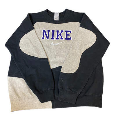 Nike Reworked Sweatshirt Mens M Grey Black Embroidered Spellout Logo Vintage Y2K