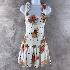 Farm Rio NANAJU Midi Dress Womens Size XS White Floral Smocked Ruffle Boho
