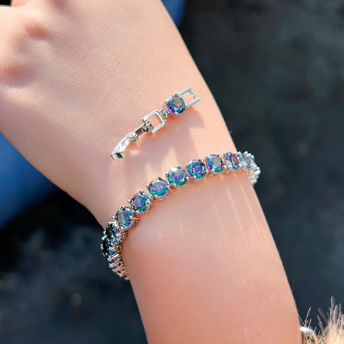 Women Silver Plated Round Rainbow Fire Mystic Topaz Cubic Zircon Tennis Bracelet - Bild 3 von 8