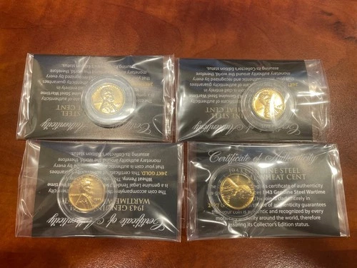 Lot of 4 - 1943 Genuine Wartime Steel Lincoln Cents Clad Entirely in 24KT Gold