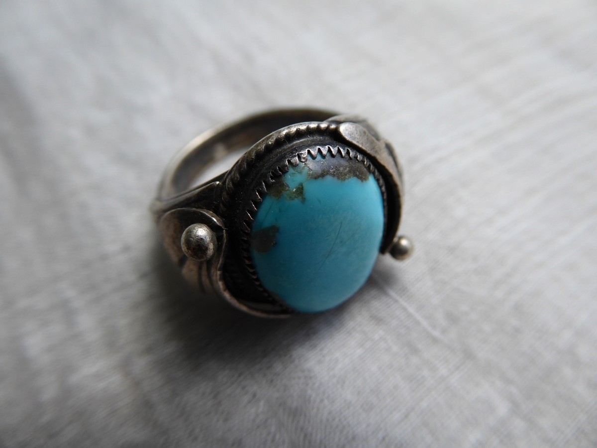 LARGE Navajo Silver Turquoise Ring size 10 1/4 Signed-Vintage
