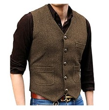 Mens Vintage Tweed Waistcoat Vest V Neck 5 Button Brown Large Western Wedding
