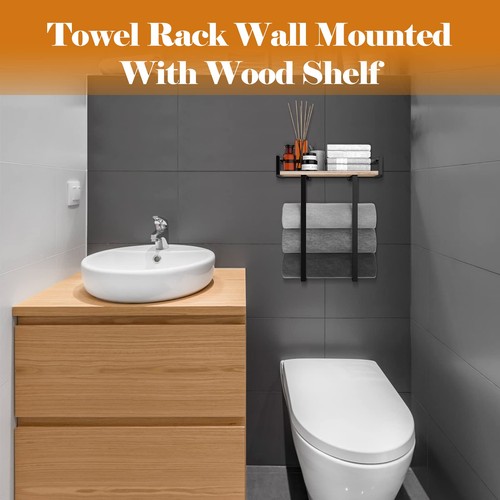 Towel Racks for Bathroom Wall Mounted, Metal Towel Holder with Wooden Shelf f... - Bild 3 von 8