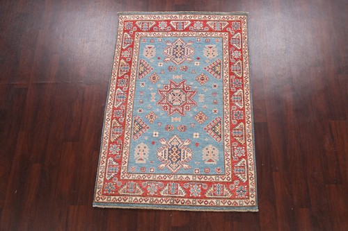 Handmade Blue Vegetable Dye Super Kazak Wool Rug Geometric Area Rug 4x6 Ft - Picture 2 of 20
