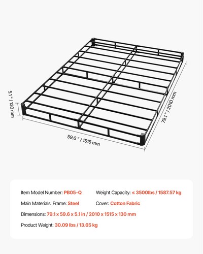 VEVOR Box Spring Queen Size Bed Frame with Fabric Cloth 79.1L x 59.6W x 5.1H in - Picture 7 of 12