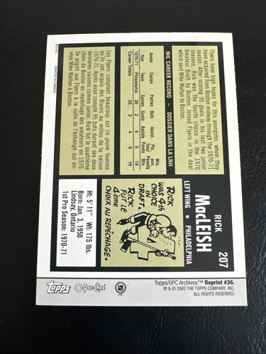 2002 Topps Archives Reprint Of 1971-72 O-Pee-Chee - Rick MacLeish #207 - Picture 2 of 2