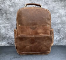 16 In Buffalo Leather Backpack Shoulder Bag Laptop Rucksack Office Handbags