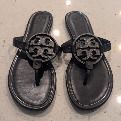 Tory Burch Crystal Embellished Miller Leather Thong Sandal Black Sz 9 M Designer - Picture 3 of 9