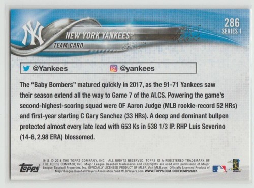 2018 Topps New York Yankees New York Yankees #286 - Imagen 2 de 2