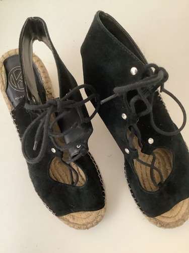 KURT GEIGER ESPADRILLES ANKLE TIE GOTHIC BLACK SUEDE PLATFORM HEEL SZ 6 VGC - Picture 5 of 9
