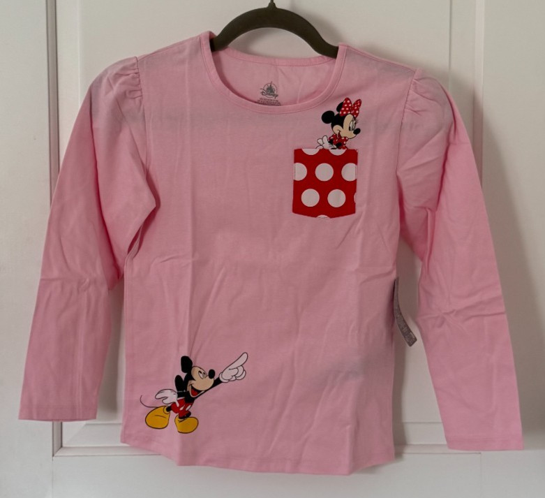 NWT Disney Store Girls Mickey and Minnie Mouse Pink Long Sleeve Pocket Tee SZ M