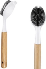 Bamboo Dish Brush with Handle – Wooden Scrub Brush for Cast Iron, Sink, Pots &