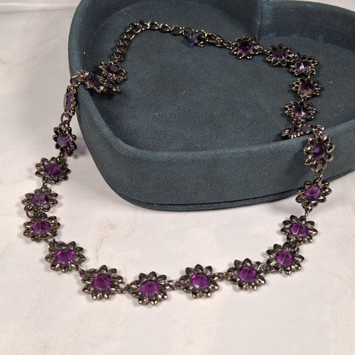 Purple Flower Link Choker Necklace Gunmetal Gothic Short - Picture 24 of 24