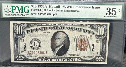 1934 A $10 Hawaii FRN WWII Fr#2303 PMG Choice Very Fine 35 EPQ