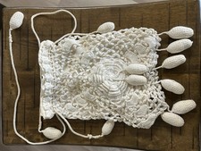 Antique Reticule Crochet Drawstring Miser Purse White Lined Puffy Tassels Poms