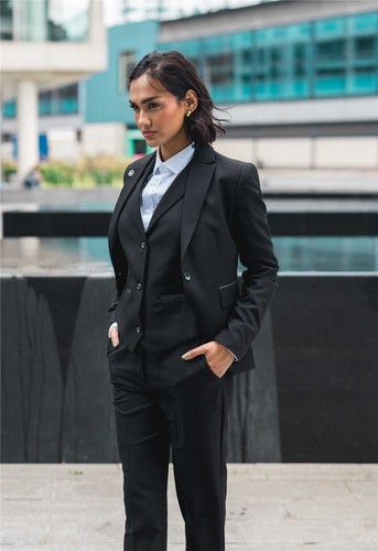 Women's 3 Piece Plain Black Office Suit Tailored Fit Formal Workwear - Picture 2 of 9