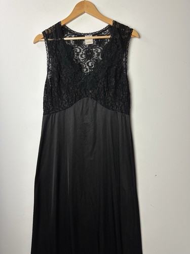 Vtg Maxi Slip Dress Babydoll Black Nylon Lace Whimsigoth Fairy Grunge 90s USA L - Picture 2 of 15