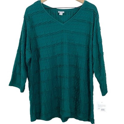 Croft & Barrow Womens Top Size 1X Green V Neck 3/4 Sleeve Textured Casual