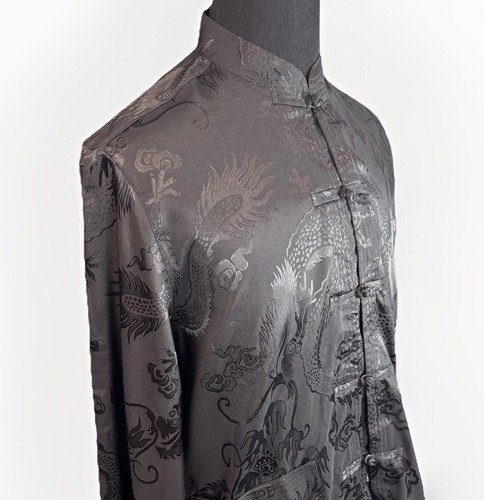 Traditionelles chinesisches schwarzes Drachenhemd Tang Herren XL Langarm Tasche Mandarin