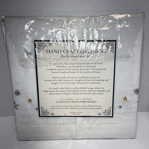 Handgefertigte Bettwäsche bestickt Schneeflocken Leinen Baumwollmischung 2 Gästetücher Neu - Bild 5 von 6