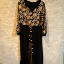 Women’s Black & Gold Floral Lace V-Neck 3/4 Sleeve Midi Dress Size XXL