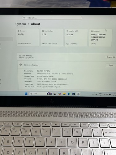 Hp Envy Laptop 13-ad0xx  Windows 11 Home 8GB RAM 128GB Storage Touchscreen - Picture 6 of 11