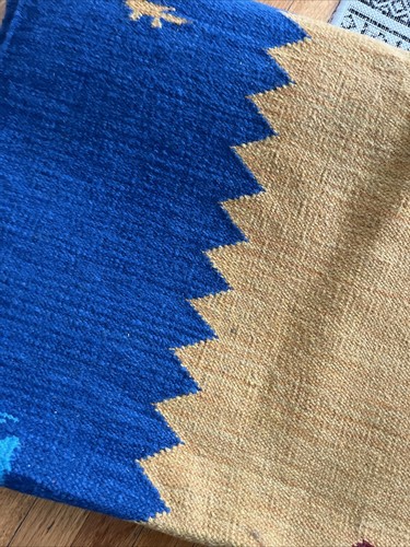 Oriental Hand Woven Kilim Gabbeh Pictorial Wool Area Rug Blue Yellow 93”x68” Vtg - Picture 20 of 24