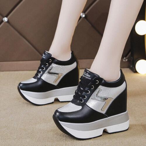 Women Lace Up Wedge Hidden Heels Platform Sneakers Creepers Sequins Sport Shoes - Picture 2 of 20