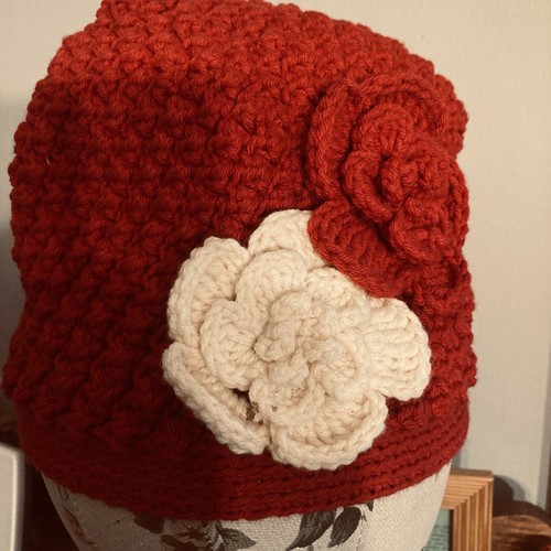 Women's Hat, Hand-made, Crocheted, Red with Red & Cream Flowers, OS, Beanie - Picture 3 of 6