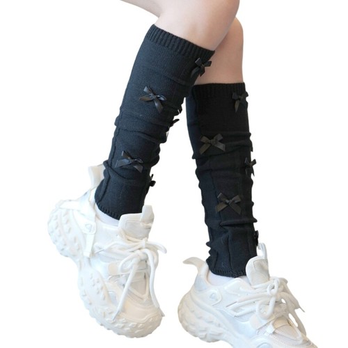 Women Sports Side Double Striped Knitted Leg Warmer Bowknot Footless Long Socks - Picture 12 of 19