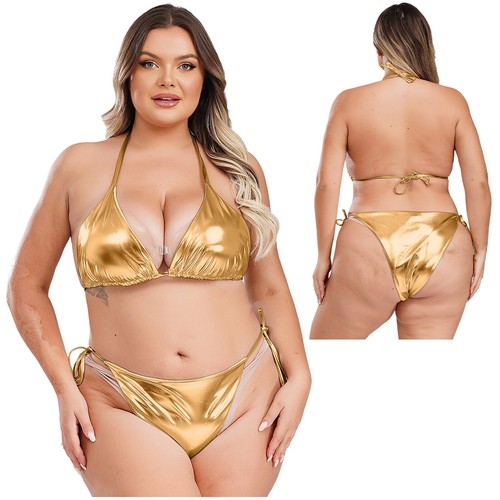 Womens Bikini Outfits Shiny Metallic Bathing Suit Swimsuit Lingerie Set Beach - Picture 15 of 22