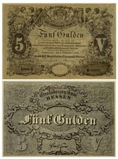 Pięć guldenów, 5 guldenów, banknot emerytur podstawowych, 1848, reprodukcja