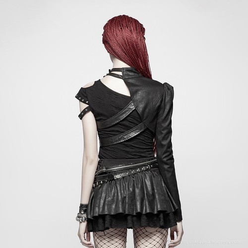 Punk Rave Gothic Women One-arm Long Sleeve Rivet Short Coat Black Soldier Jacket - Picture 6 of 7
