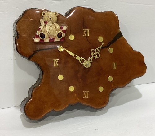 Vintage Retro Edge Wall Clock Wood Tree Slab Rustic Charm Teddy Bear Kids Room
