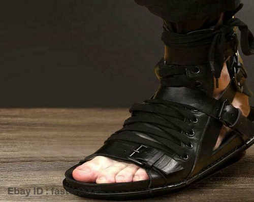 Zapatos de salón con tanga de cuero real gladiador para hombre punta abierta punk cremalleras - Imagen 6 de 11