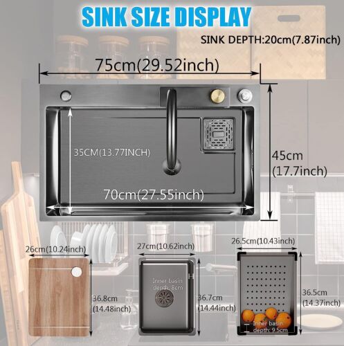 Flying Rain Stainles Steel Watefall Kitchen Sink w PullDown Faucet Black29.5INCH - Picture 8 of 8