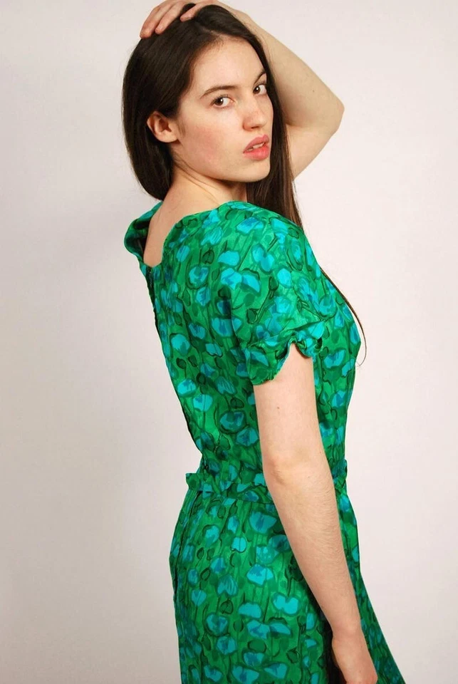 60s Floral Dress (M) vintage green abstract sheath medium midi tie sheath mod 50 - Image 4 of 4