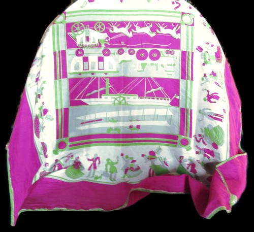 Victorian Scene Pink Scarf Carriages Bi-Plane Ship Dancing 32x34 - Picture 2 of 9