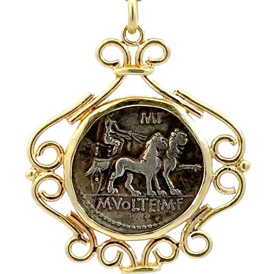 Antike römische Cybele Streitwagen Löwen Münze 14K Gelbgold Anhänger - J259