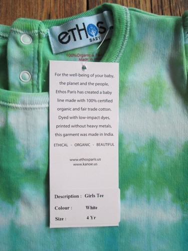 ethos BABY Paris 4T Shirt Tie Dye Girls Tee Blue Green Organic Cotton Fair Trade - Picture 3 of 6