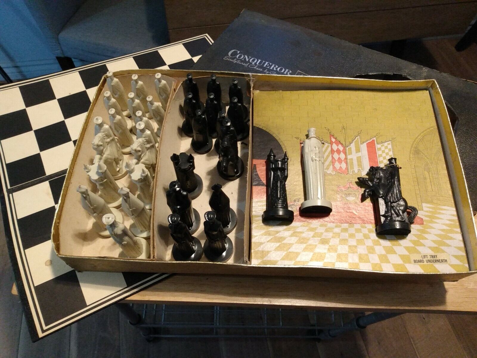 Ganine Gothic Sculptured Chess Set Checkers Board Lot w Box 1957 - Vintage