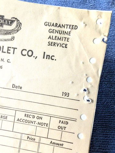 1930's HOUSE CHEVROLET CO, PLYMOUTH, NC - Vintage Sales Receipt, ALEMITE SERVICE - Picture 2 of 7